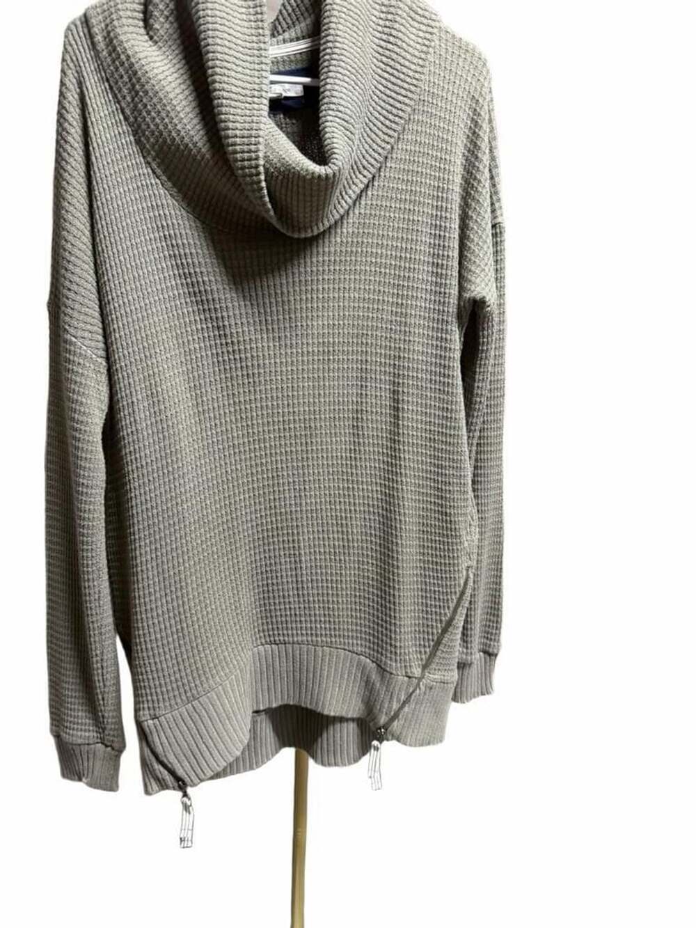 678 Pure Good Olive Green Waffle Knit Cowl Neck Sweater with Side Zip Detail